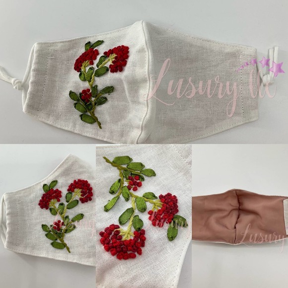 Red Bourvadia Embroidery Silk Mask, Wedding Gift, Washable Reusable 3 Layers - Picture 6 of 8